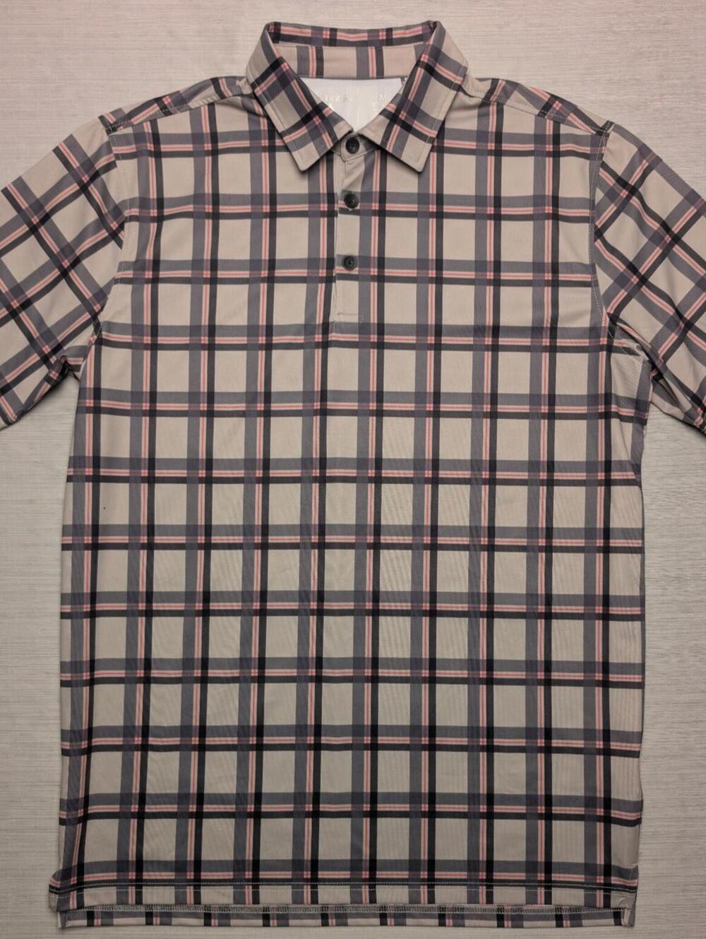 Antigua Elite Golf Polo Black Gray Coral Checkered Plaid Short Sleeve Size M